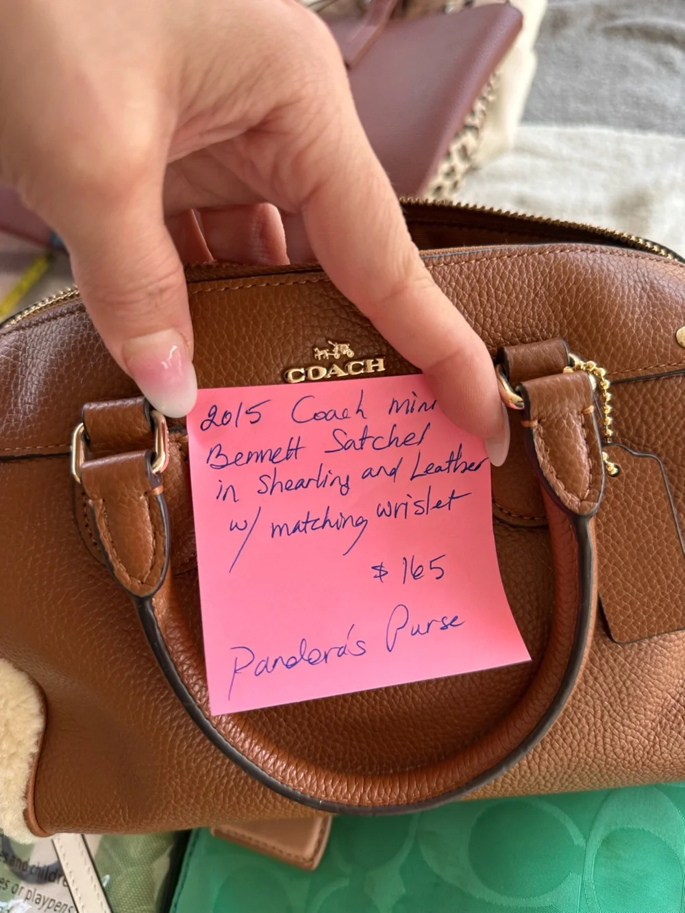Coach Chestnut Brown Pebbled Leather Satchel with Shearling Trim